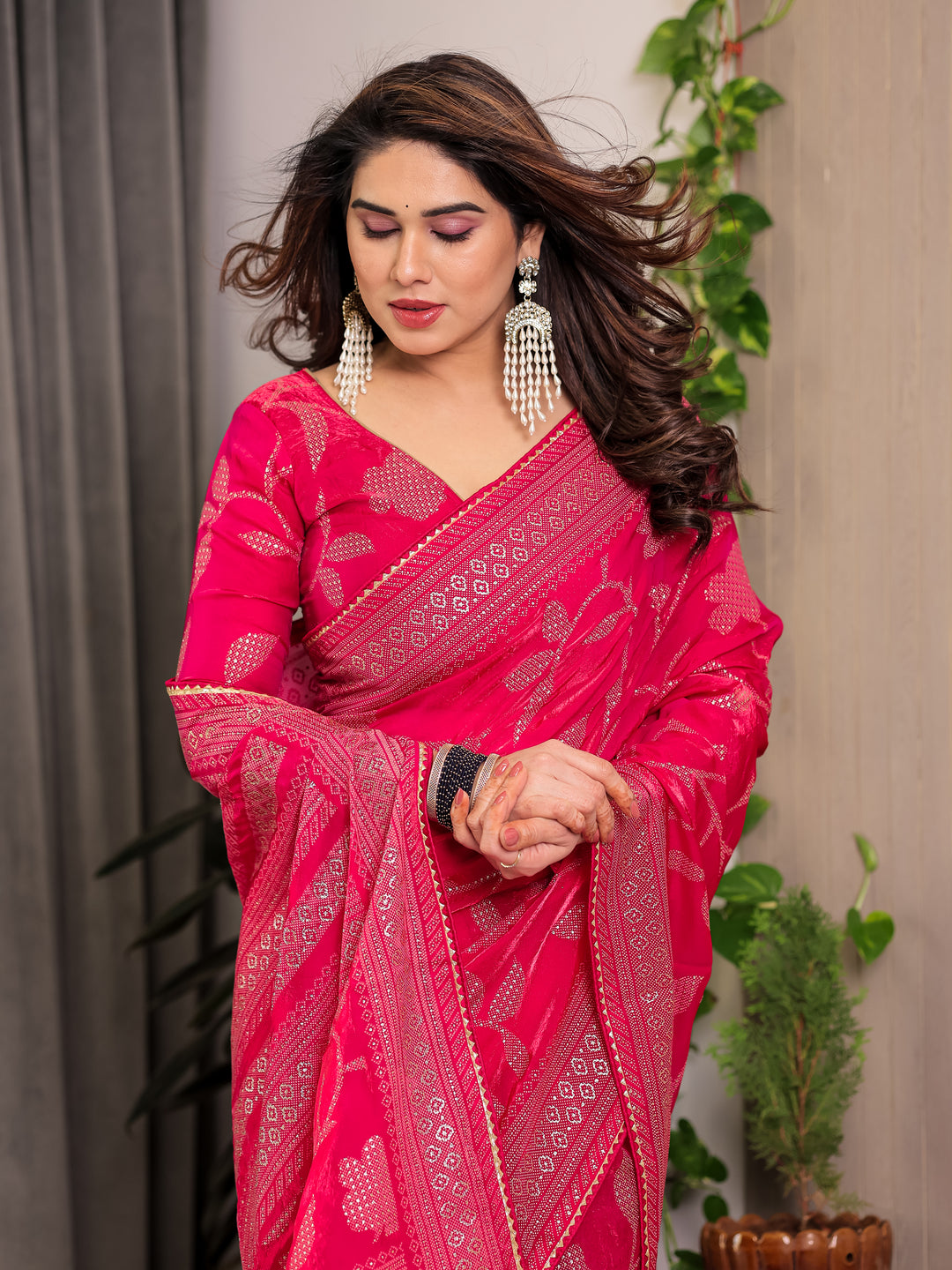 Rani Pink Fendi Satin Leafy Floral Block & Foil Printed Saree with Ornamental Border, Tassel Edges & Attached Blouse