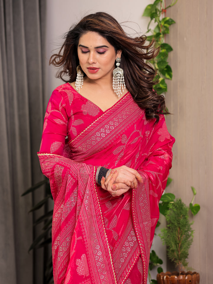 Rani Pink Fendi Satin Leafy Floral Block & Foil Printed Saree with Ornamental Border, Tassel Edges & Attached Blouse