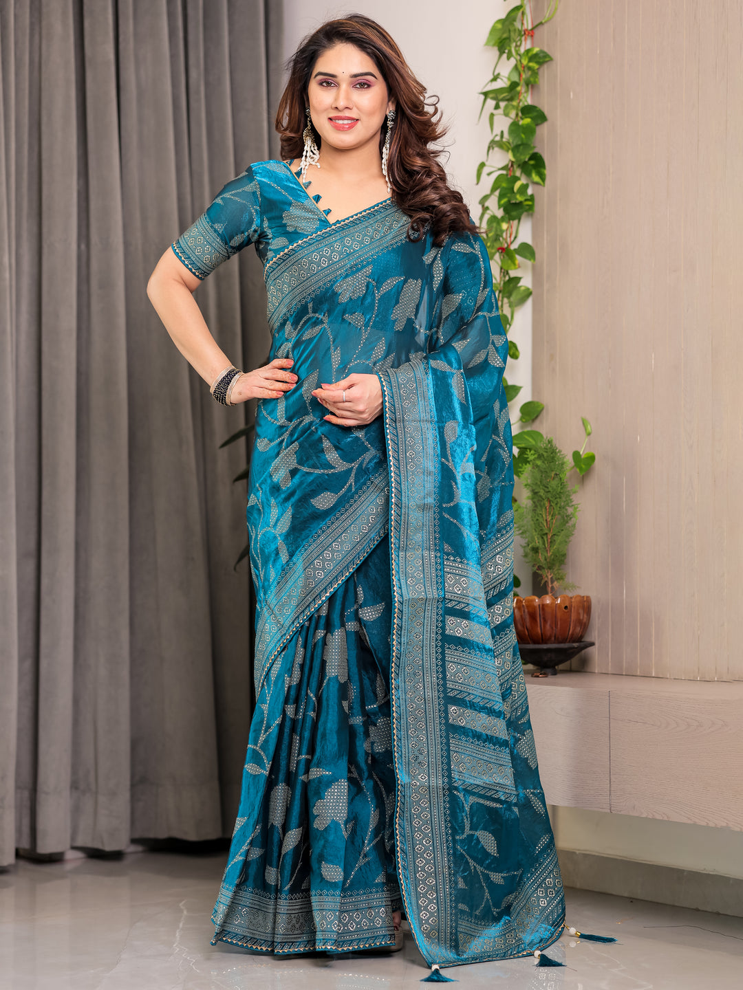 Teal Blue Fendi Satin Leafy Floral Block & Foil Printed Saree with Ornamental Border, Tassel Edges & Attached Blouse