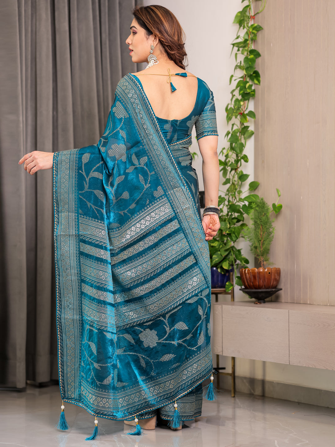 Teal Blue Fendi Satin Leafy Floral Block & Foil Printed Saree with Ornamental Border, Tassel Edges & Attached Blouse