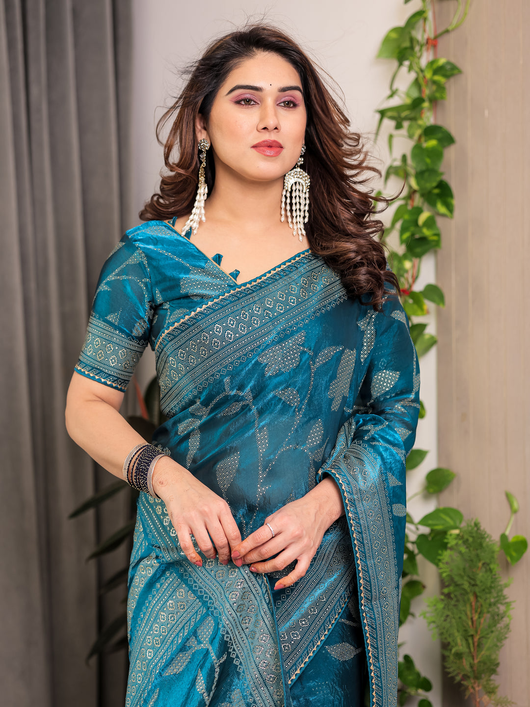 Teal Blue Fendi Satin Leafy Floral Block & Foil Printed Saree with Ornamental Border, Tassel Edges & Attached Blouse