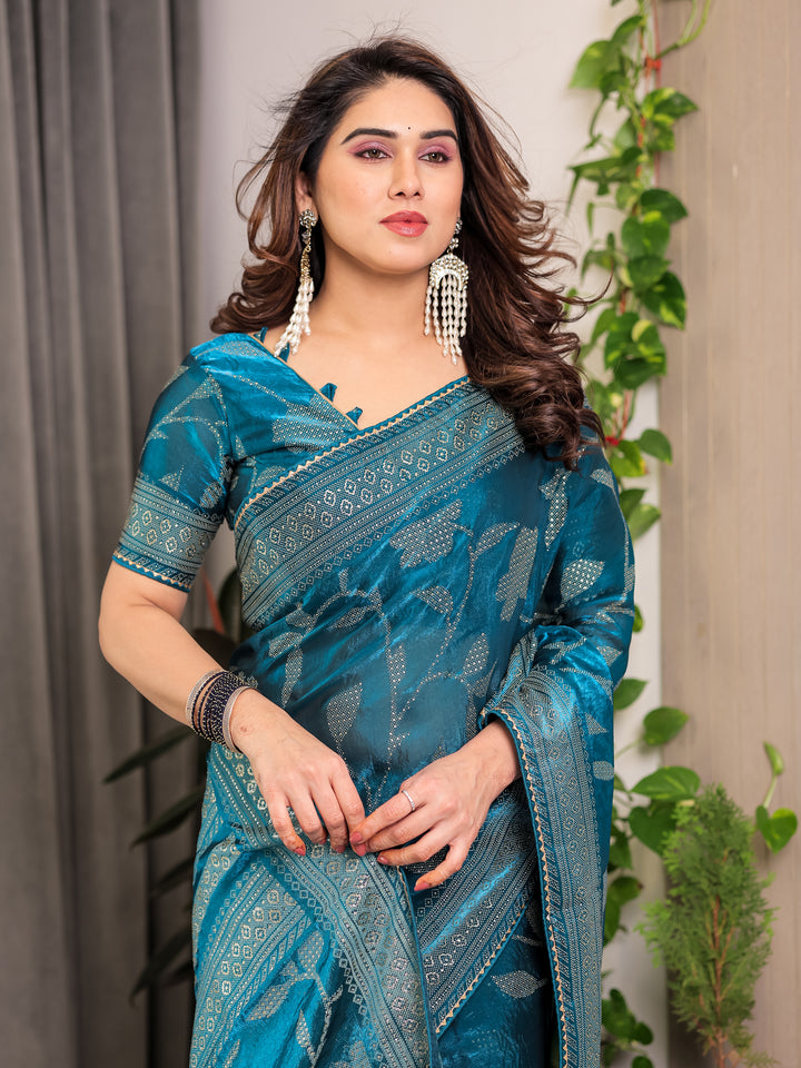 Teal Blue Fendi Satin Leafy Floral Block & Foil Printed Saree with Ornamental Border, Tassel Edges & Attached Blouse