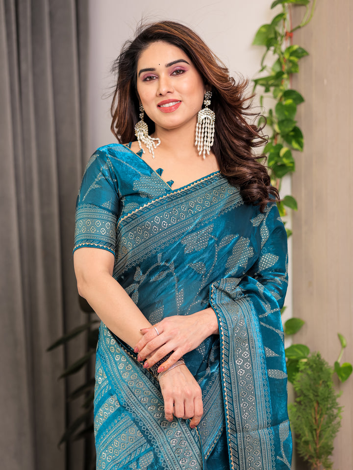 Teal Blue Fendi Satin Leafy Floral Block & Foil Printed Saree with Ornamental Border, Tassel Edges & Attached Blouse