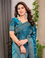 Teal Blue Fendi Satin Leafy Floral Block & Foil Printed Saree with Ornamental Border, Tassel Edges & Attached Blouse