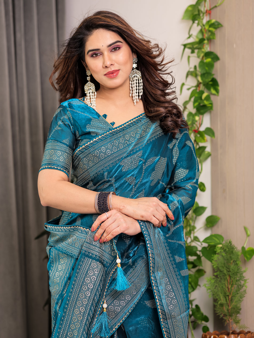 Teal Blue Fendi Satin Leafy Floral Block & Foil Printed Saree with Ornamental Border, Tassel Edges & Attached Blouse