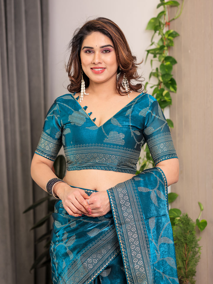Teal Blue Fendi Satin Leafy Floral Block & Foil Printed Saree with Ornamental Border, Tassel Edges & Attached Blouse