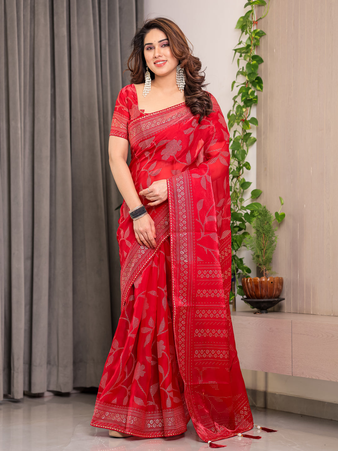 Crimson Red Fendi Satin Leafy Floral Block & Foil Printed Saree with Ornamental Border, Tassel Edges & Attached Blouse