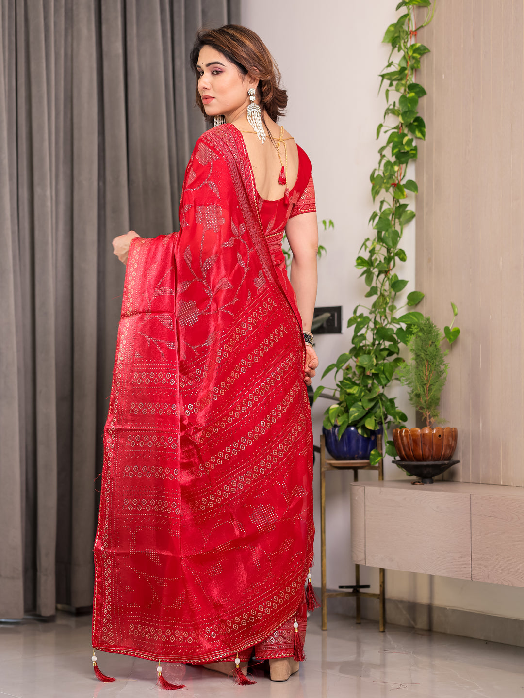Crimson Red Fendi Satin Leafy Floral Block & Foil Printed Saree with Ornamental Border, Tassel Edges & Attached Blouse