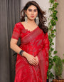 Crimson Red Fendi Satin Leafy Floral Block & Foil Printed Saree with Ornamental Border, Tassel Edges & Attached Blouse