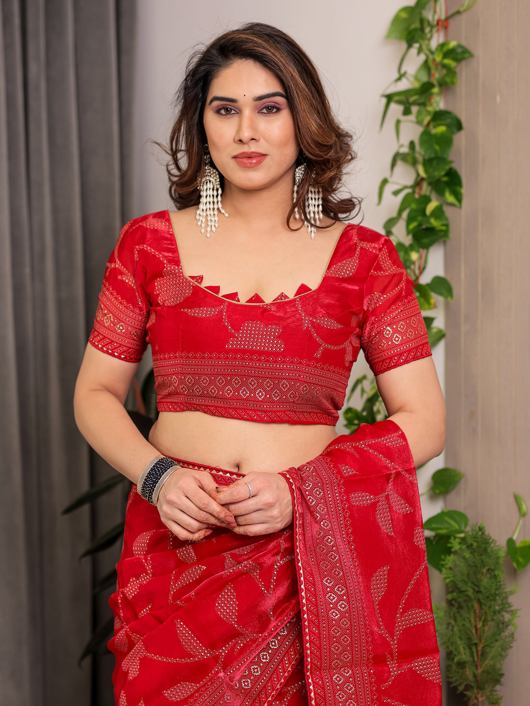 Crimson Red Fendi Satin Leafy Floral Block & Foil Printed Saree with Ornamental Border, Tassel Edges & Attached Blouse