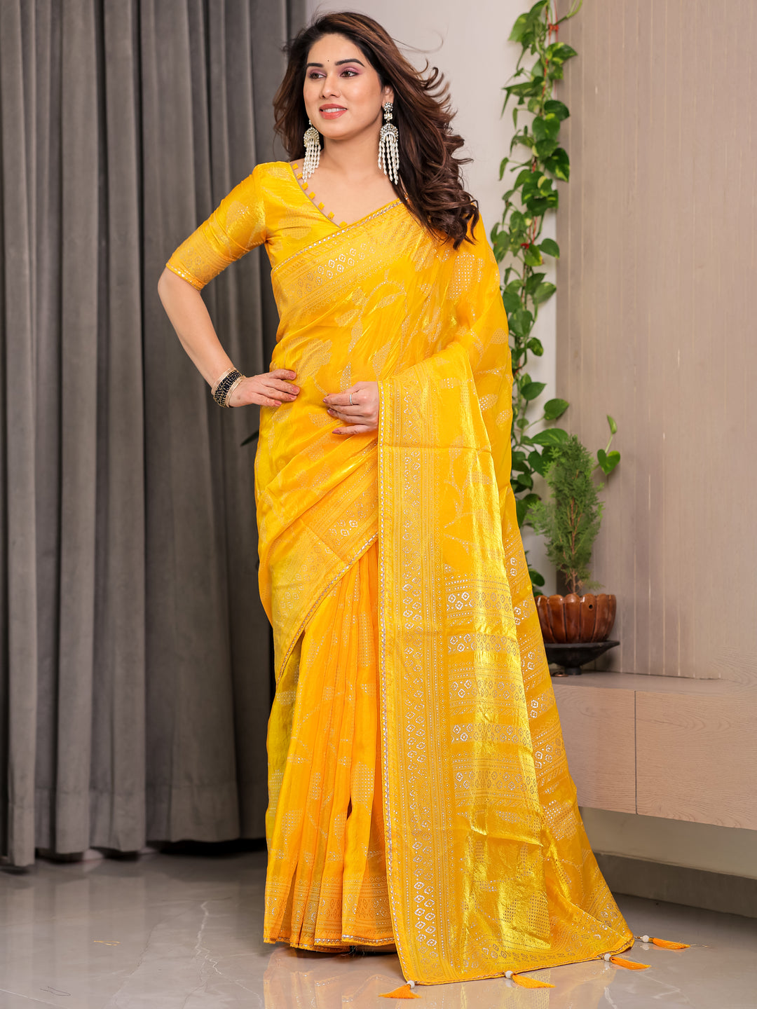Sunshine Yellow Fendi Satin Leafy Floral Block & Foil Printed Saree with Ornamental Border, Tassel Edges & Attached Blouse