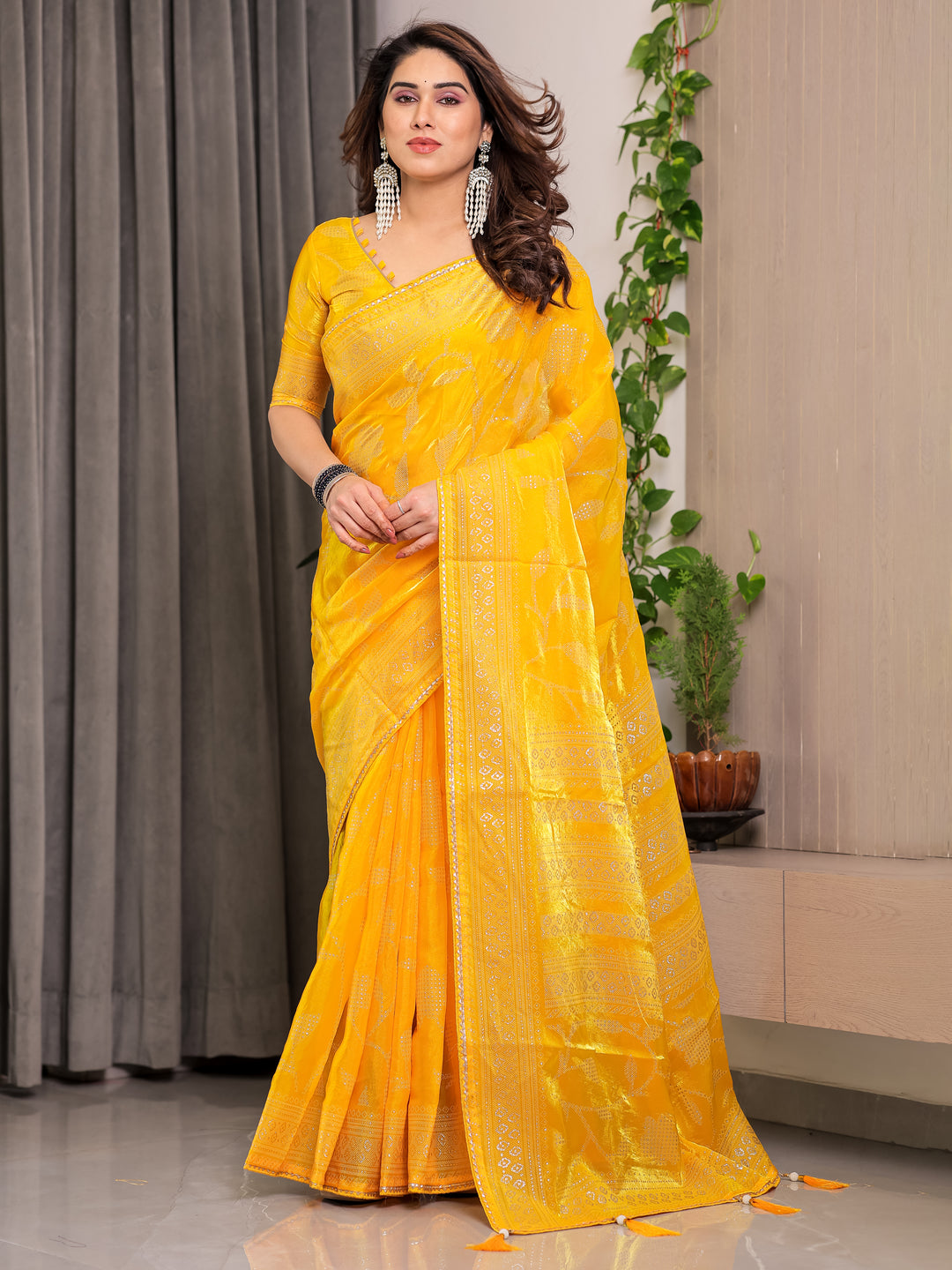 Sunshine Yellow Fendi Satin Leafy Floral Block & Foil Printed Saree with Ornamental Border, Tassel Edges & Attached Blouse