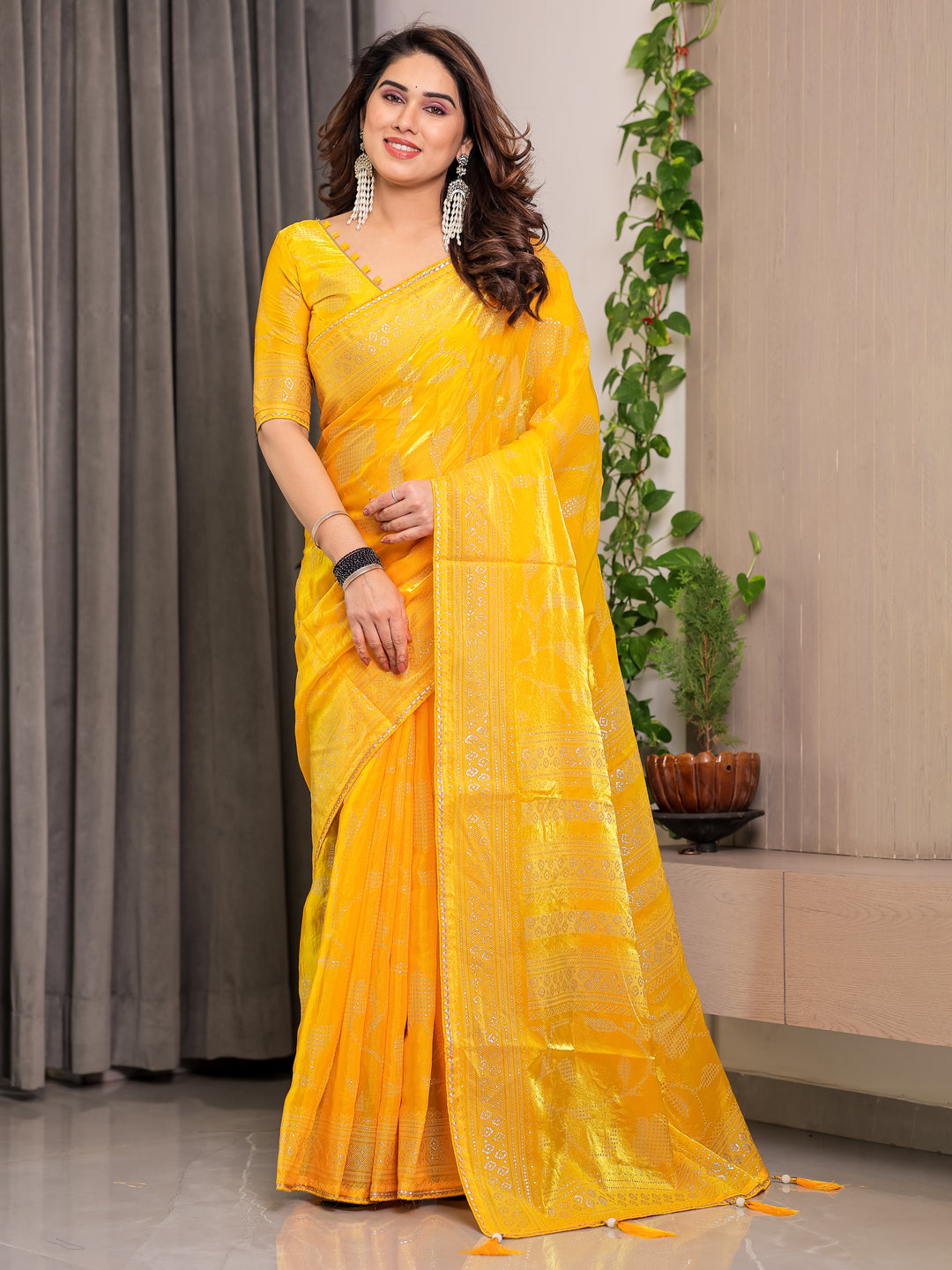 Sunshine Yellow Fendi Satin Leafy Floral Block & Foil Printed Saree with Ornamental Border, Tassel Edges & Attached Blouse