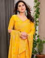 Sunshine Yellow Fendi Satin Leafy Floral Block & Foil Printed Saree with Ornamental Border, Tassel Edges & Attached Blouse