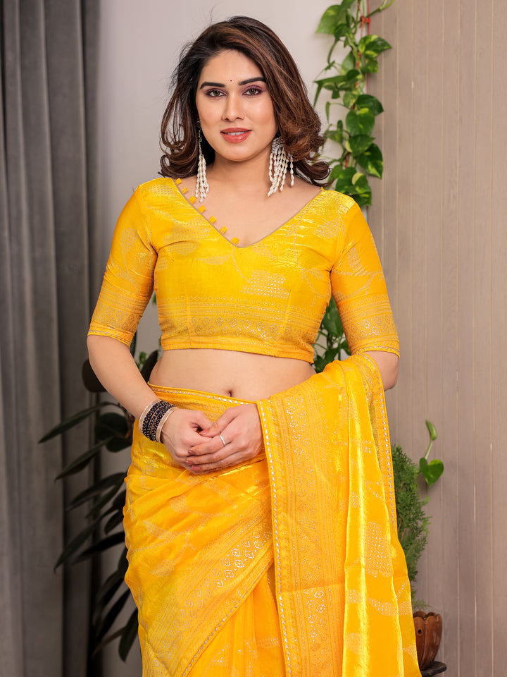 Sunshine Yellow Fendi Satin Leafy Floral Block & Foil Printed Saree with Ornamental Border, Tassel Edges & Attached Blouse