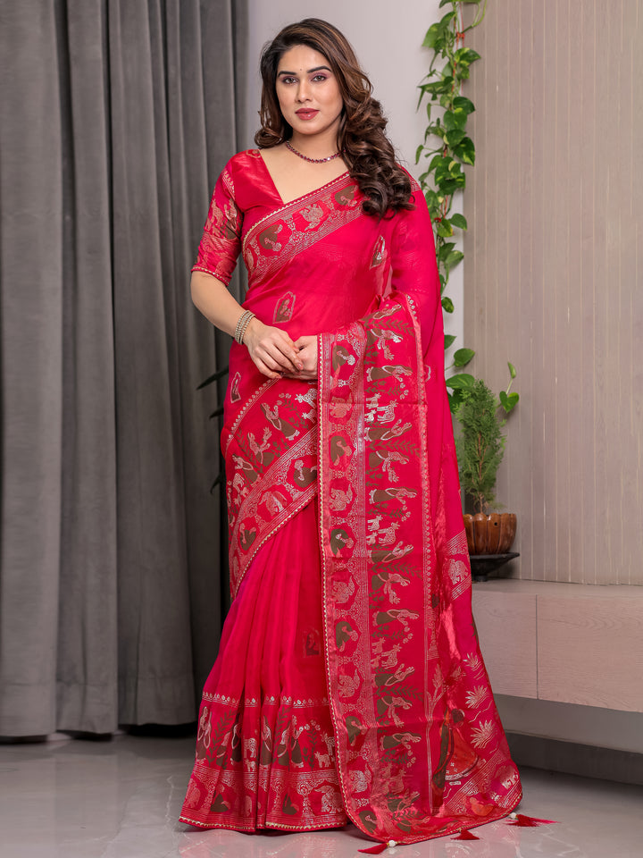 Royal Rani Pink Fendi Satin Peacock & Floral Block and Foil Printed Saree with Traditional Border, Tassel Edges & Attached Blouse