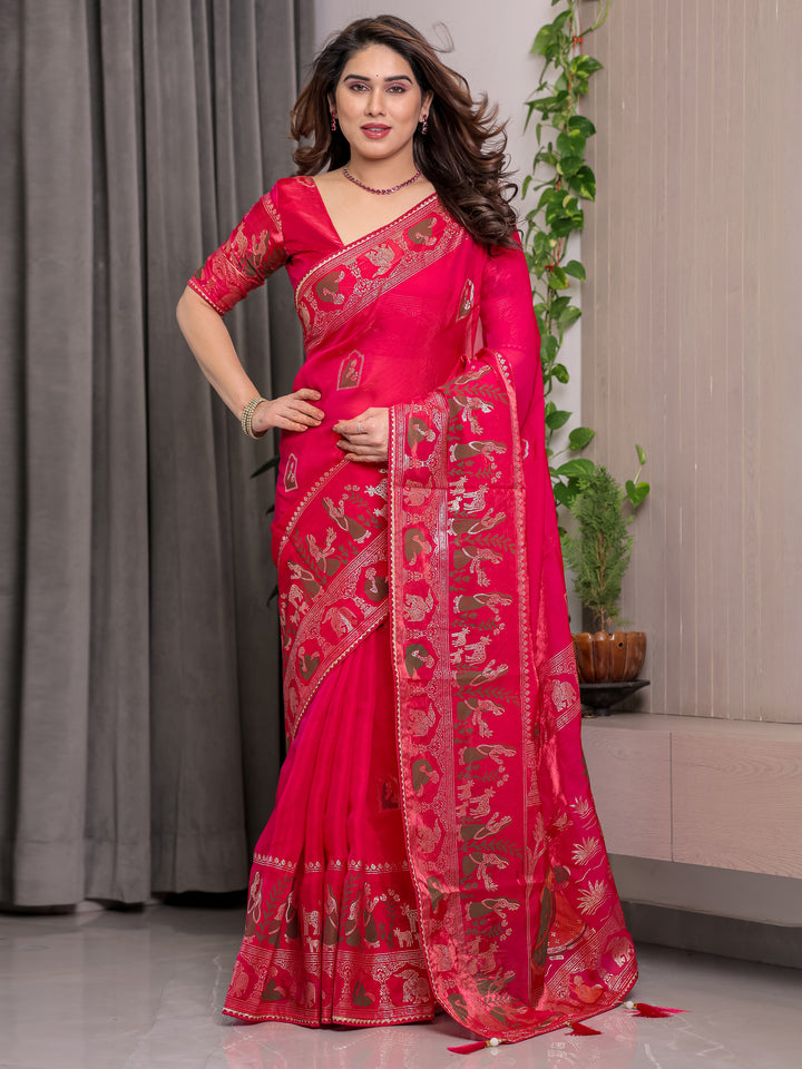 Royal Rani Pink Fendi Satin Peacock & Floral Block and Foil Printed Saree with Traditional Border, Tassel Edges & Attached Blouse