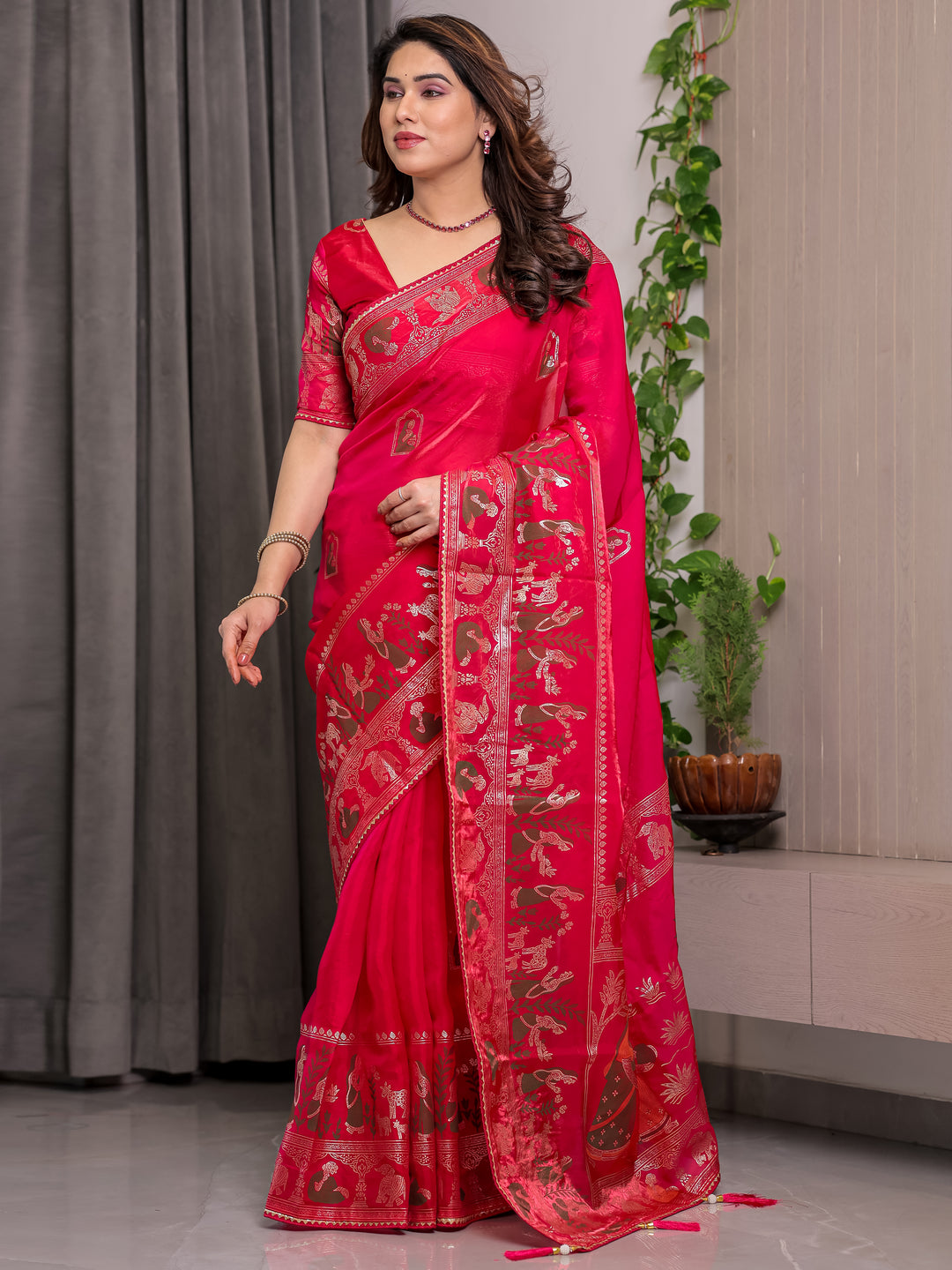 Royal Rani Pink Fendi Satin Peacock & Floral Block and Foil Printed Saree with Traditional Border, Tassel Edges & Attached Blouse