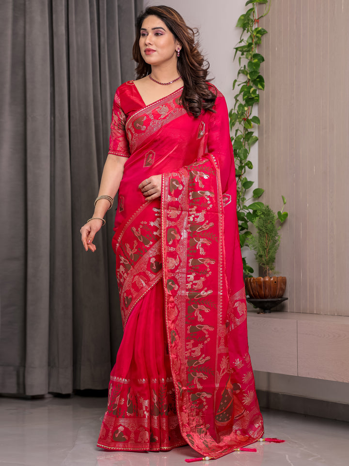 Royal Rani Pink Fendi Satin Peacock & Floral Block and Foil Printed Saree with Traditional Border, Tassel Edges & Attached Blouse