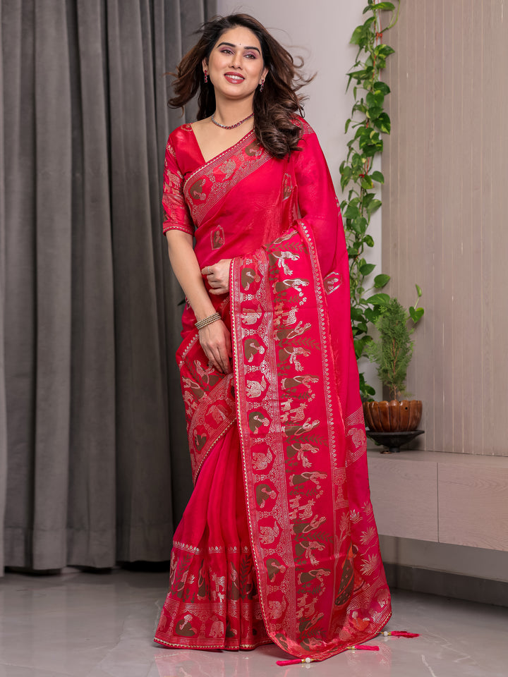 Royal Rani Pink Fendi Satin Peacock & Floral Block and Foil Printed Saree with Traditional Border, Tassel Edges & Attached Blouse