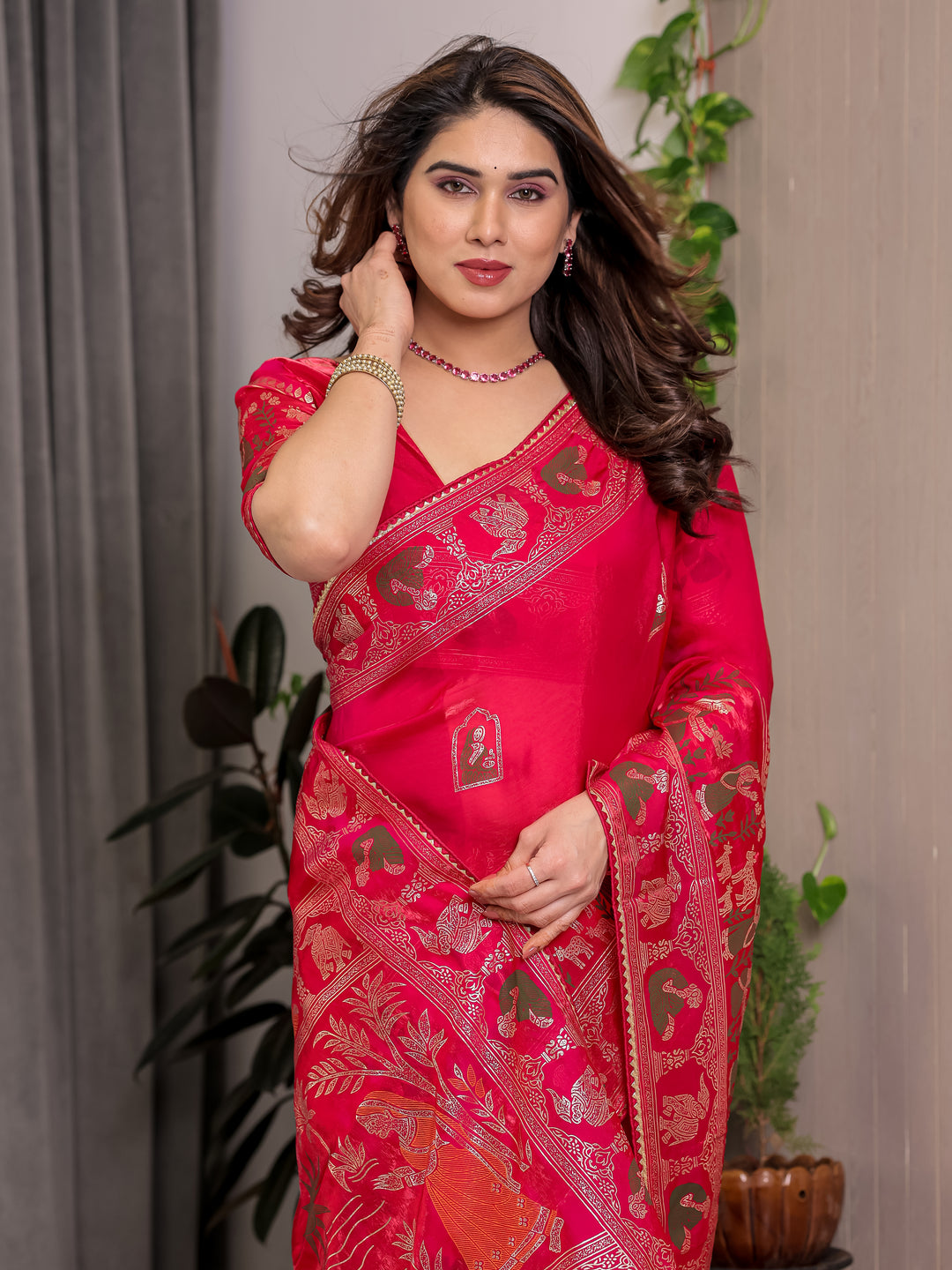 Royal Rani Pink Fendi Satin Peacock & Floral Block and Foil Printed Saree with Traditional Border, Tassel Edges & Attached Blouse