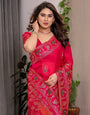 Royal Rani Pink Fendi Satin Peacock & Floral Block and Foil Printed Saree with Traditional Border, Tassel Edges & Attached Blouse
