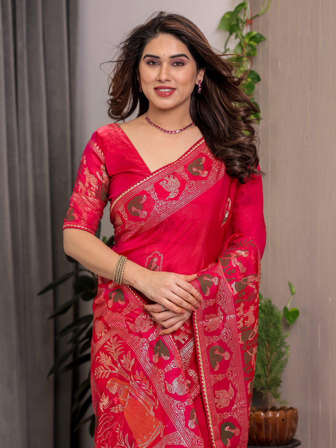 Royal Rani Pink Fendi Satin Peacock & Floral Block and Foil Printed Saree with Traditional Border, Tassel Edges & Attached Blouse