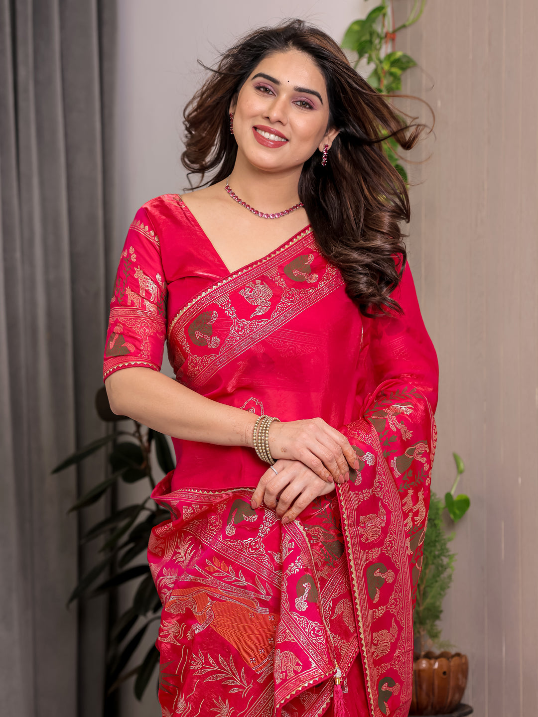 Royal Rani Pink Fendi Satin Peacock & Floral Block and Foil Printed Saree with Traditional Border, Tassel Edges & Attached Blouse