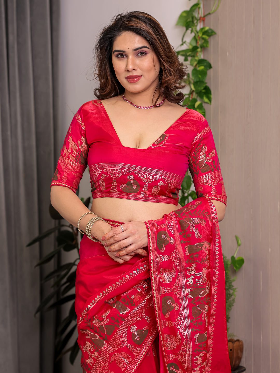 Royal Rani Pink Fendi Satin Peacock & Floral Block and Foil Printed Saree with Traditional Border, Tassel Edges & Attached Blouse