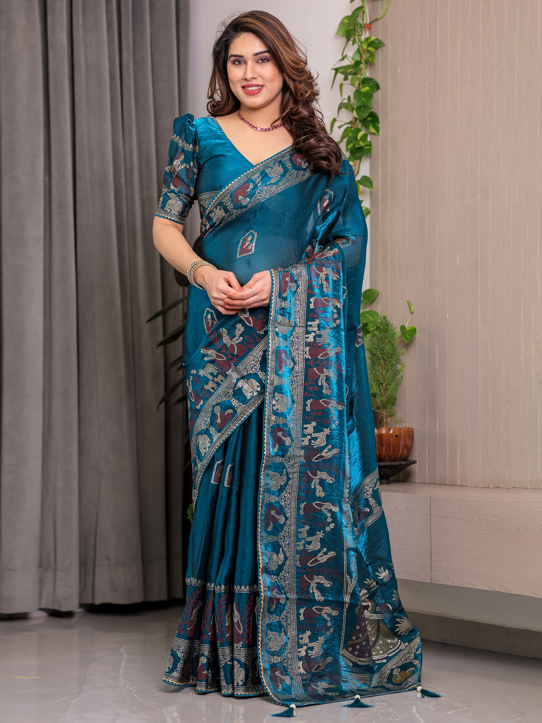 Peacock Teal Blue Fendi Satin Peacock & Floral Block and Foil Printed Saree with Traditional Border, Tassel Edges & Attached Blouse