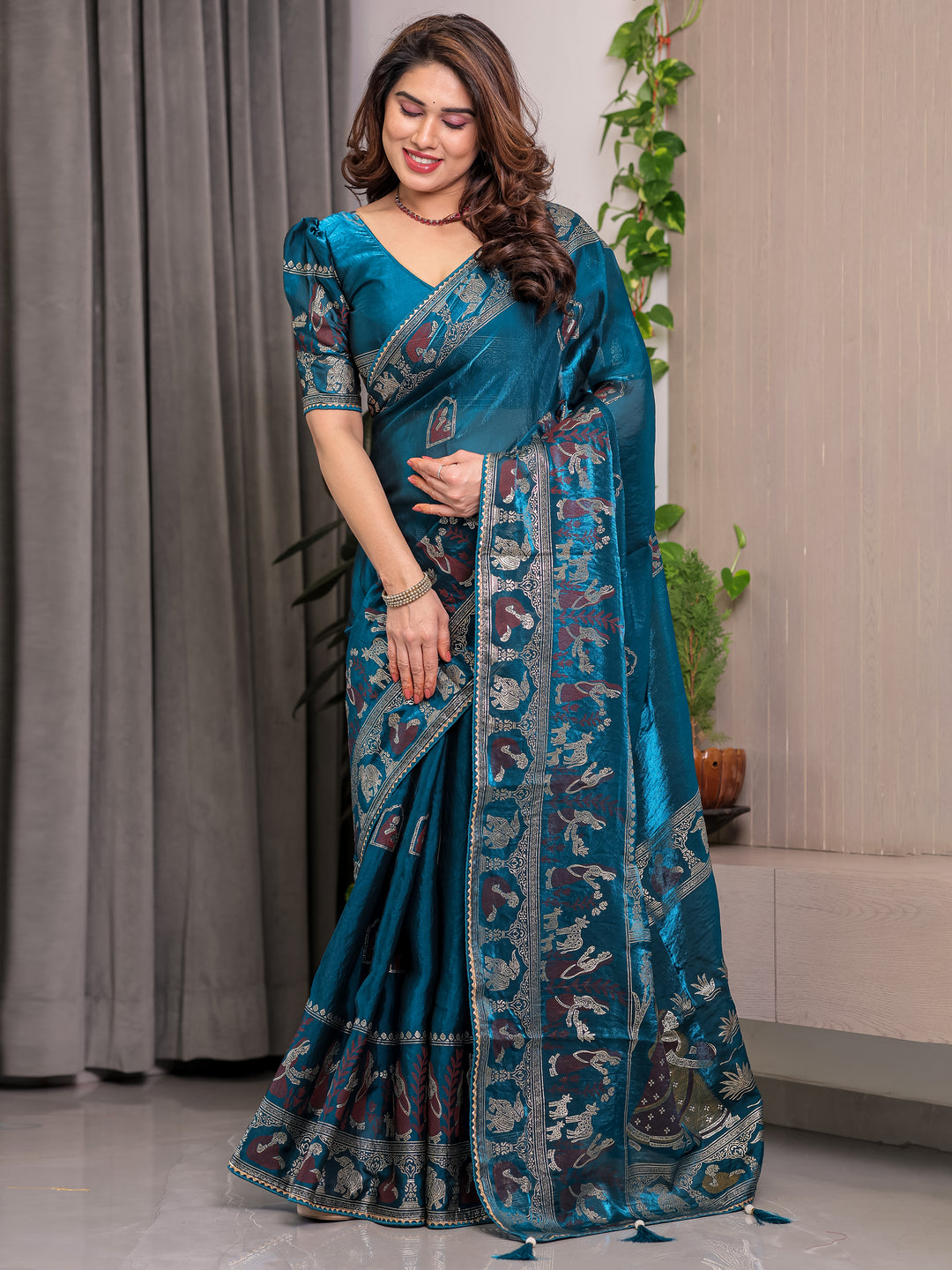 Peacock Teal Blue Fendi Satin Peacock & Floral Block and Foil Printed Saree with Traditional Border, Tassel Edges & Attached Blouse