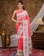 Vantara Coral Pink Satin Chiffon Printed Saree with Bird & Nature Print, Designer Tassel Pallu & Matching Blouse Piece