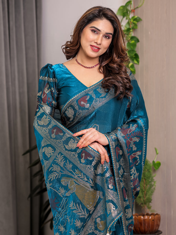 Peacock Teal Blue Fendi Satin Peacock & Floral Block and Foil Printed Saree with Traditional Border, Tassel Edges & Attached Blouse