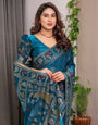 Peacock Teal Blue Fendi Satin Peacock & Floral Block and Foil Printed Saree with Traditional Border, Tassel Edges & Attached Blouse