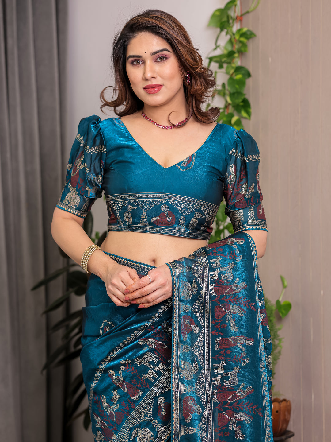 Peacock Teal Blue Fendi Satin Peacock & Floral Block and Foil Printed Saree with Traditional Border, Tassel Edges & Attached Blouse