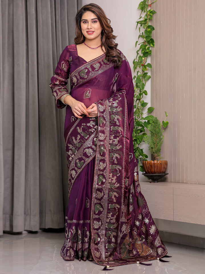 Royal Wine Purple Fendi Satin Peacock & Floral Block and Foil Printed Saree with Traditional Border, Tassel Edges & Attached Blouse