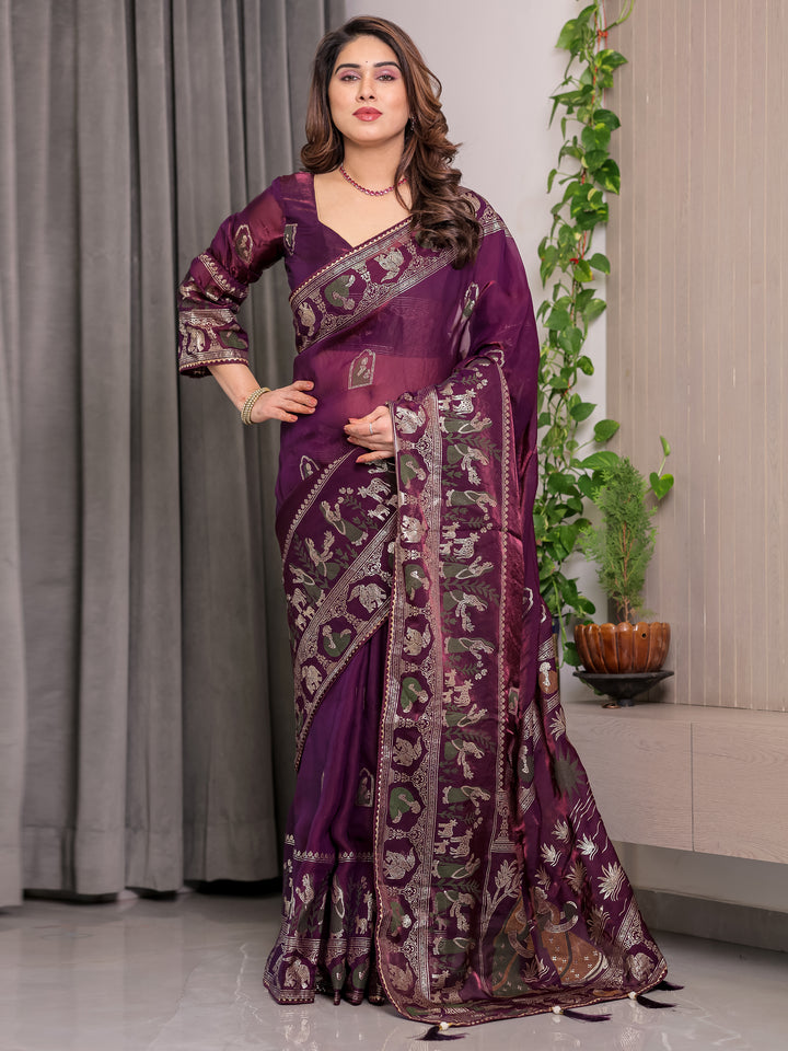 Royal Wine Purple Fendi Satin Peacock & Floral Block and Foil Printed Saree with Traditional Border, Tassel Edges & Attached Blouse
