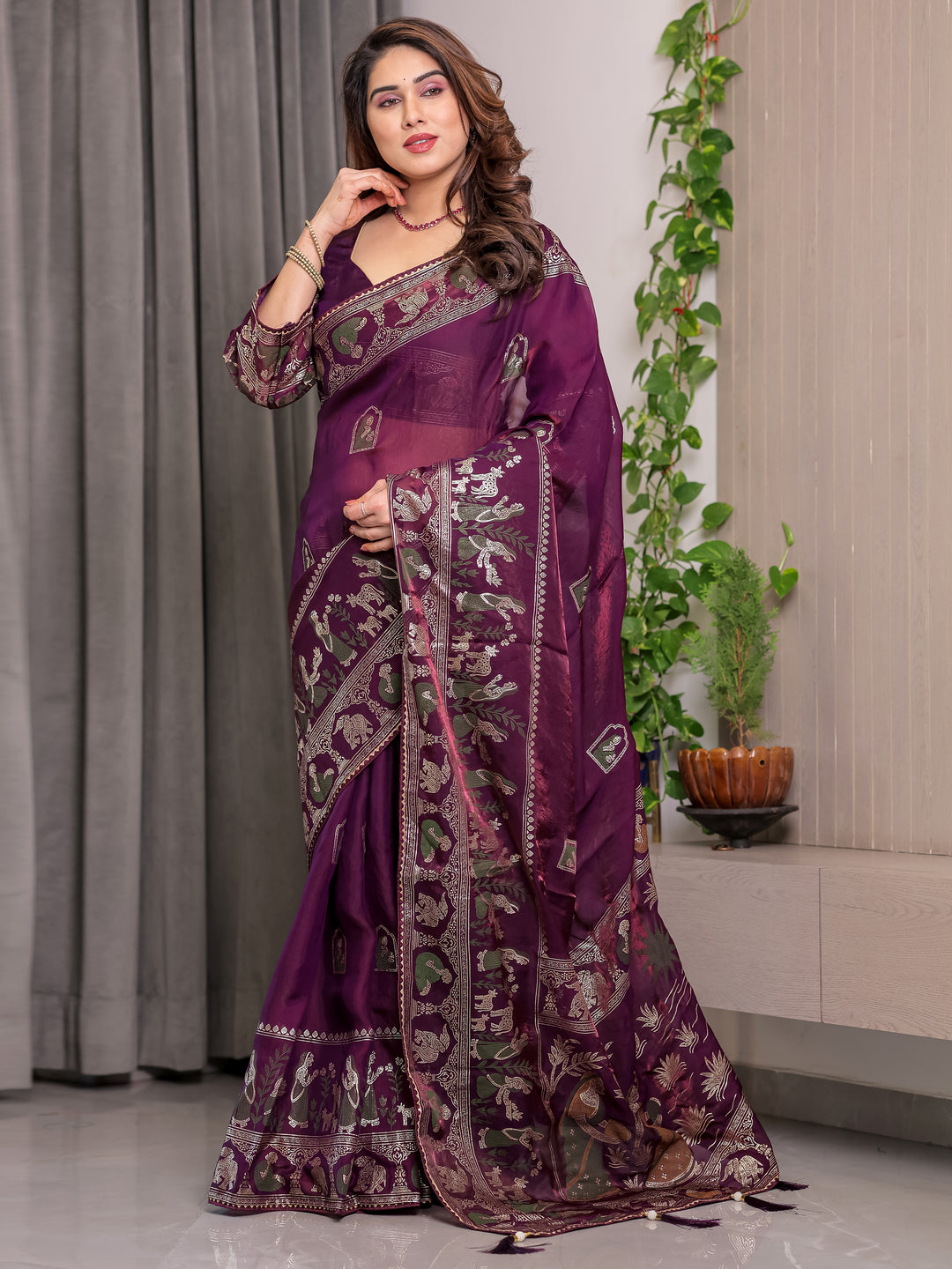 Royal Wine Purple Fendi Satin Peacock & Floral Block and Foil Printed Saree with Traditional Border, Tassel Edges & Attached Blouse