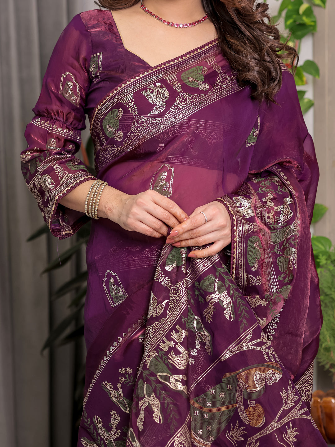 Royal Wine Purple Fendi Satin Peacock & Floral Block and Foil Printed Saree with Traditional Border, Tassel Edges & Attached Blouse