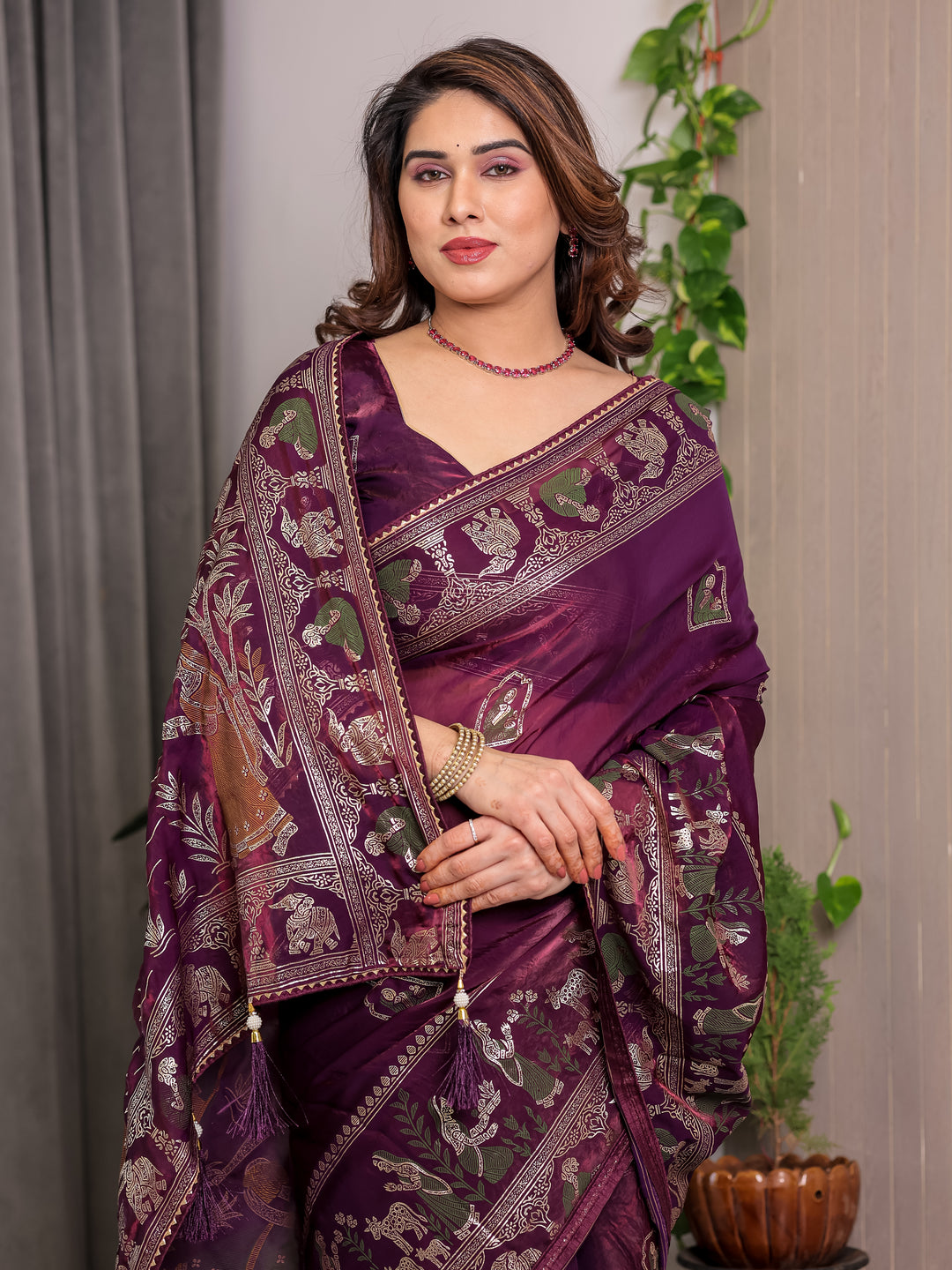 Royal Wine Purple Fendi Satin Peacock & Floral Block and Foil Printed Saree with Traditional Border, Tassel Edges & Attached Blouse