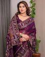 Royal Wine Purple Fendi Satin Peacock & Floral Block and Foil Printed Saree with Traditional Border, Tassel Edges & Attached Blouse