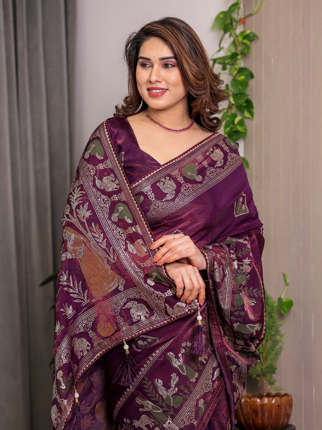 Royal Wine Purple Fendi Satin Peacock & Floral Block and Foil Printed Saree with Traditional Border, Tassel Edges & Attached Blouse