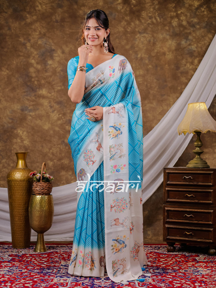 Vantara Aqua Blue Satin Chiffon Printed Saree with Bird & Nature Print, Designer Tassel Pallu & Matching Blouse Piece