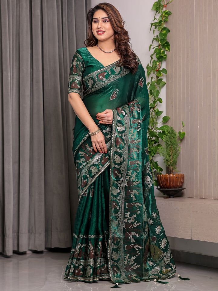 Emerald Green Fendi Satin Peacock & Heritage Motif Block and Foil Printed Saree with Traditional Border, Tassel Edges & Attached Blouse
