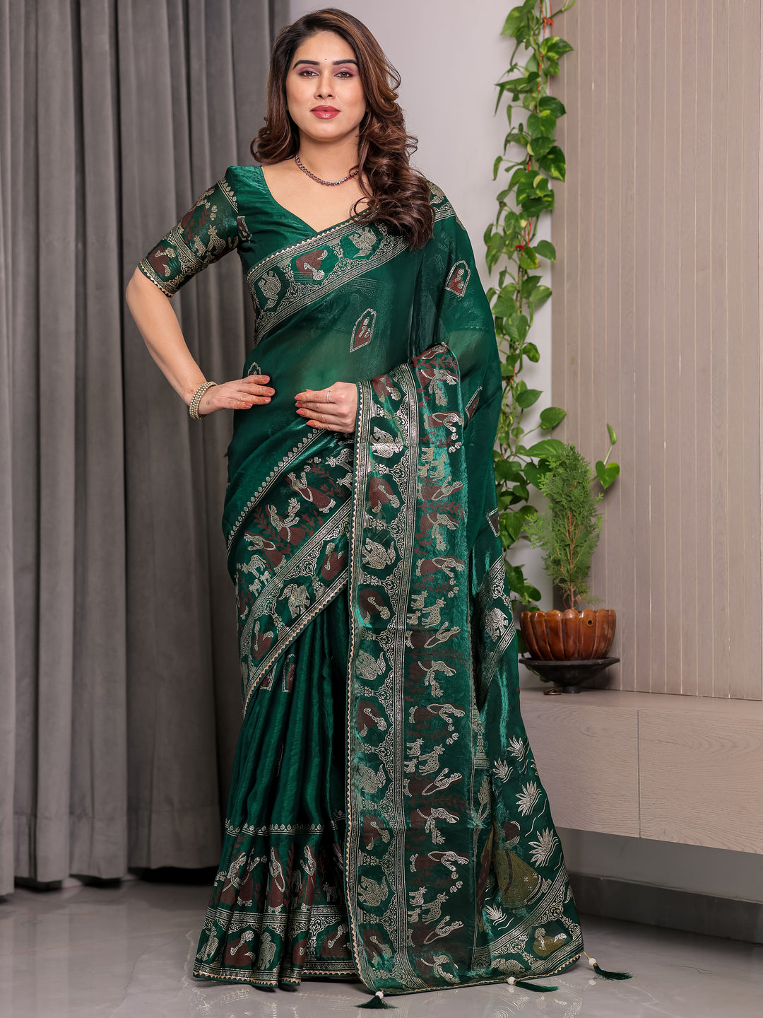 Emerald Green Fendi Satin Peacock & Heritage Motif Block and Foil Printed Saree with Traditional Border, Tassel Edges & Attached Blouse
