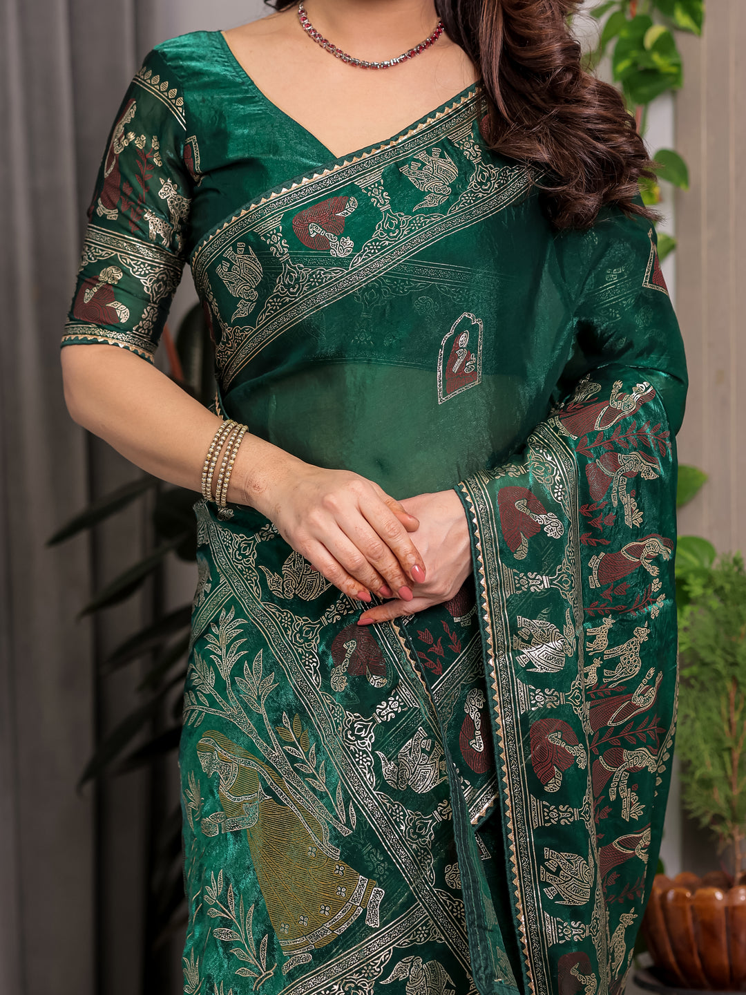 Emerald Green Fendi Satin Peacock & Heritage Motif Block and Foil Printed Saree with Traditional Border, Tassel Edges & Attached Blouse