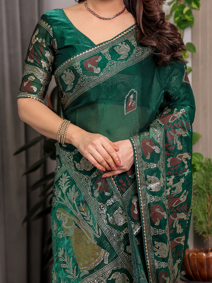 Emerald Green Fendi Satin Peacock & Heritage Motif Block and Foil Printed Saree with Traditional Border, Tassel Edges & Attached Blouse
