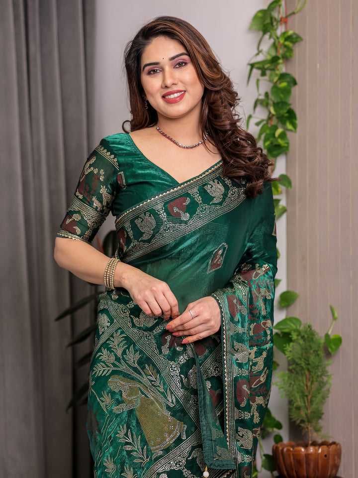 Emerald Green Fendi Satin Peacock & Heritage Motif Block and Foil Printed Saree with Traditional Border, Tassel Edges & Attached Blouse