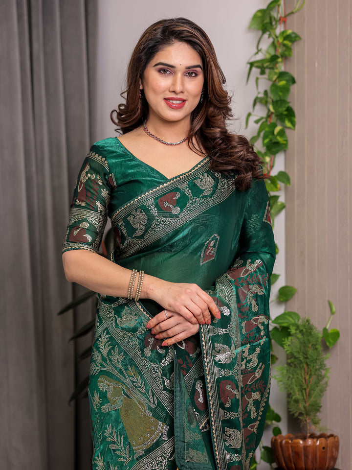 Emerald Green Fendi Satin Peacock & Heritage Motif Block and Foil Printed Saree with Traditional Border, Tassel Edges & Attached Blouse