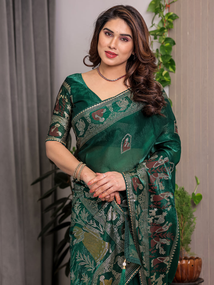Emerald Green Fendi Satin Peacock & Heritage Motif Block and Foil Printed Saree with Traditional Border, Tassel Edges & Attached Blouse